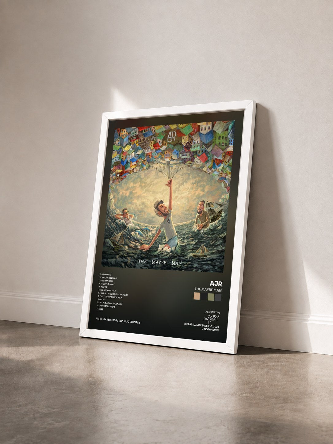 #blanc Tableau de l'album The Maybe Man de AJR vu de trois quarts, cadre blanc