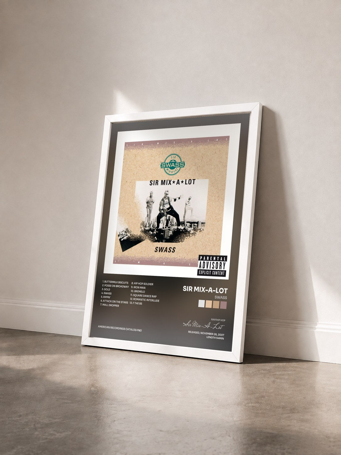 #blanc Tableau de l'album Swass de Sir Mix-A-Lot vu de trois quarts, cadre blanc
