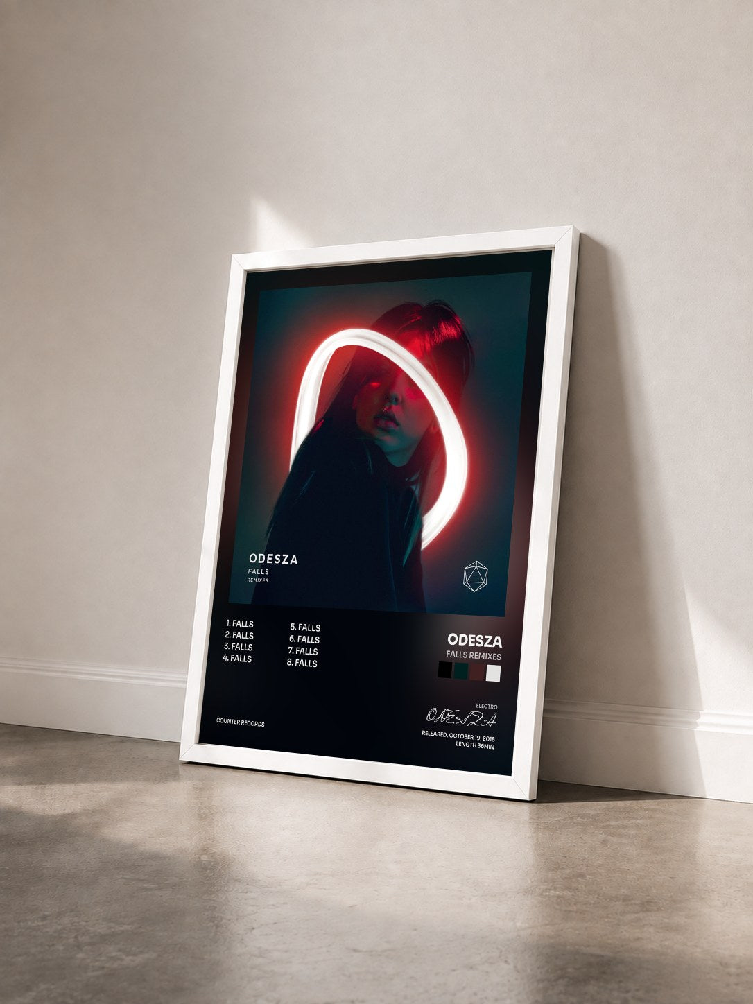 #blanc Tableau de l'album Falls Remixes de ODESZA vu de trois quarts, cadre blanc