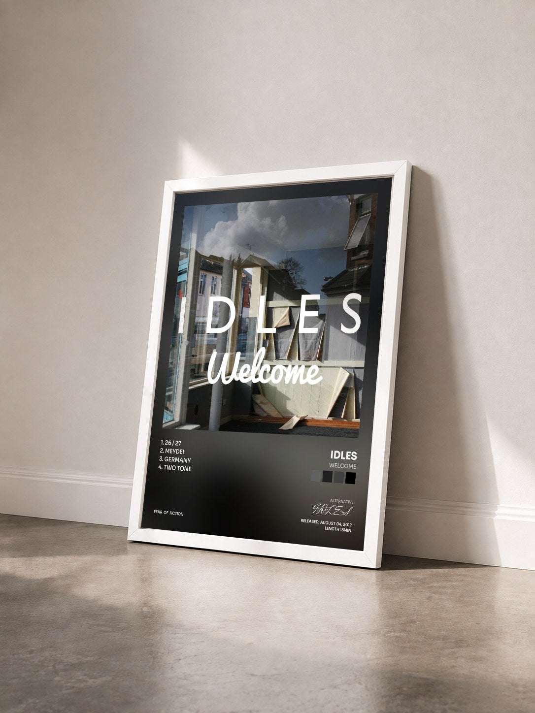 #blanc Tableau de l'album Welcome de IDLES vu de trois quarts, cadre blanc
