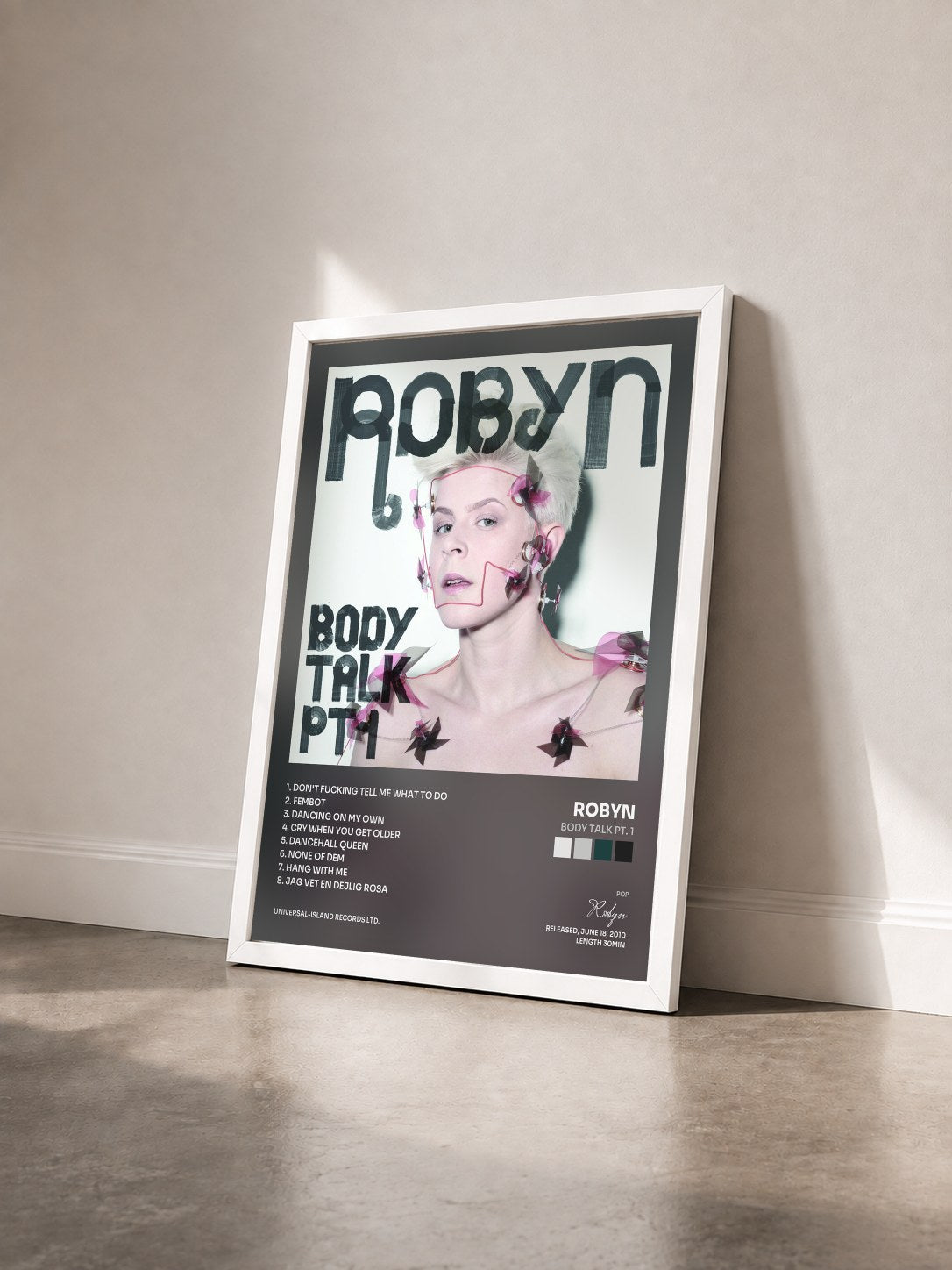 #blanc Tableau de l'album Body Talk Pt. 1 de Robyn vu de trois quarts, cadre blanc