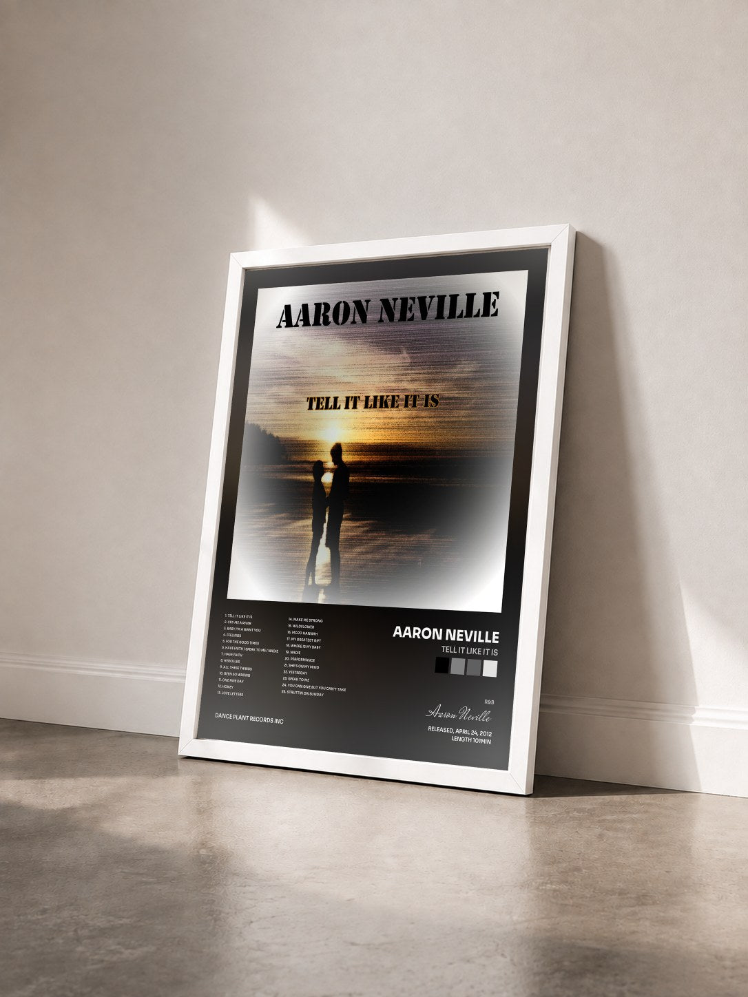 #blanc Tableau de l'album Tell It Like It Is de Aaron Neville vu de trois quarts, cadre blanc