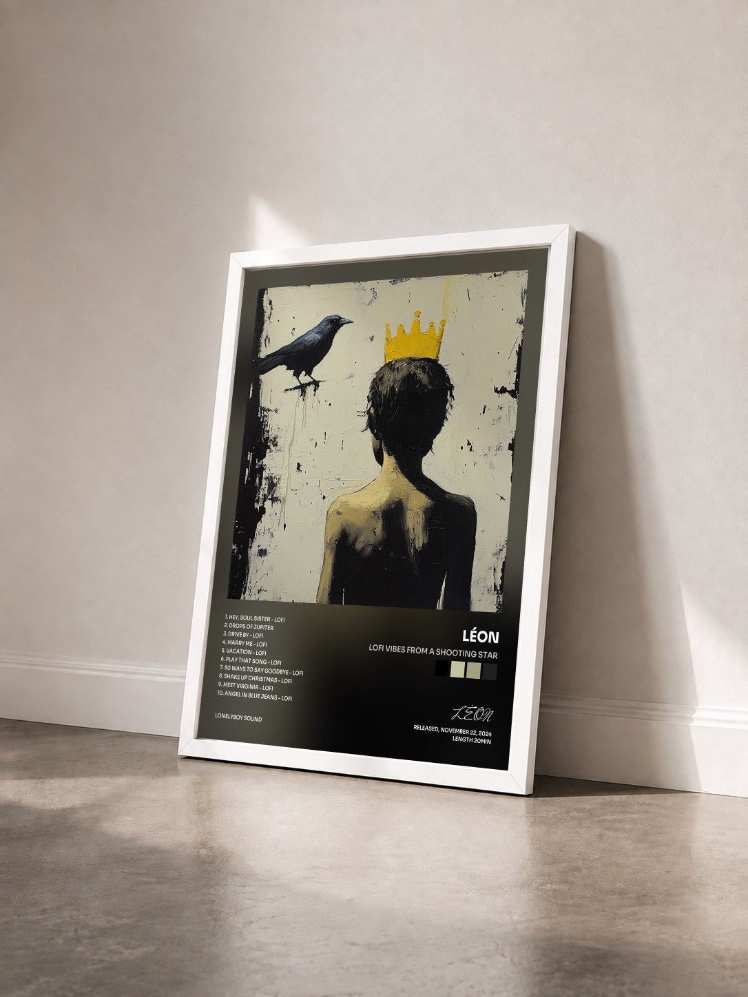 #blanc Tableau de l'album lofi vibes from a shooting star de LÉON vu de trois quarts, cadre blanc