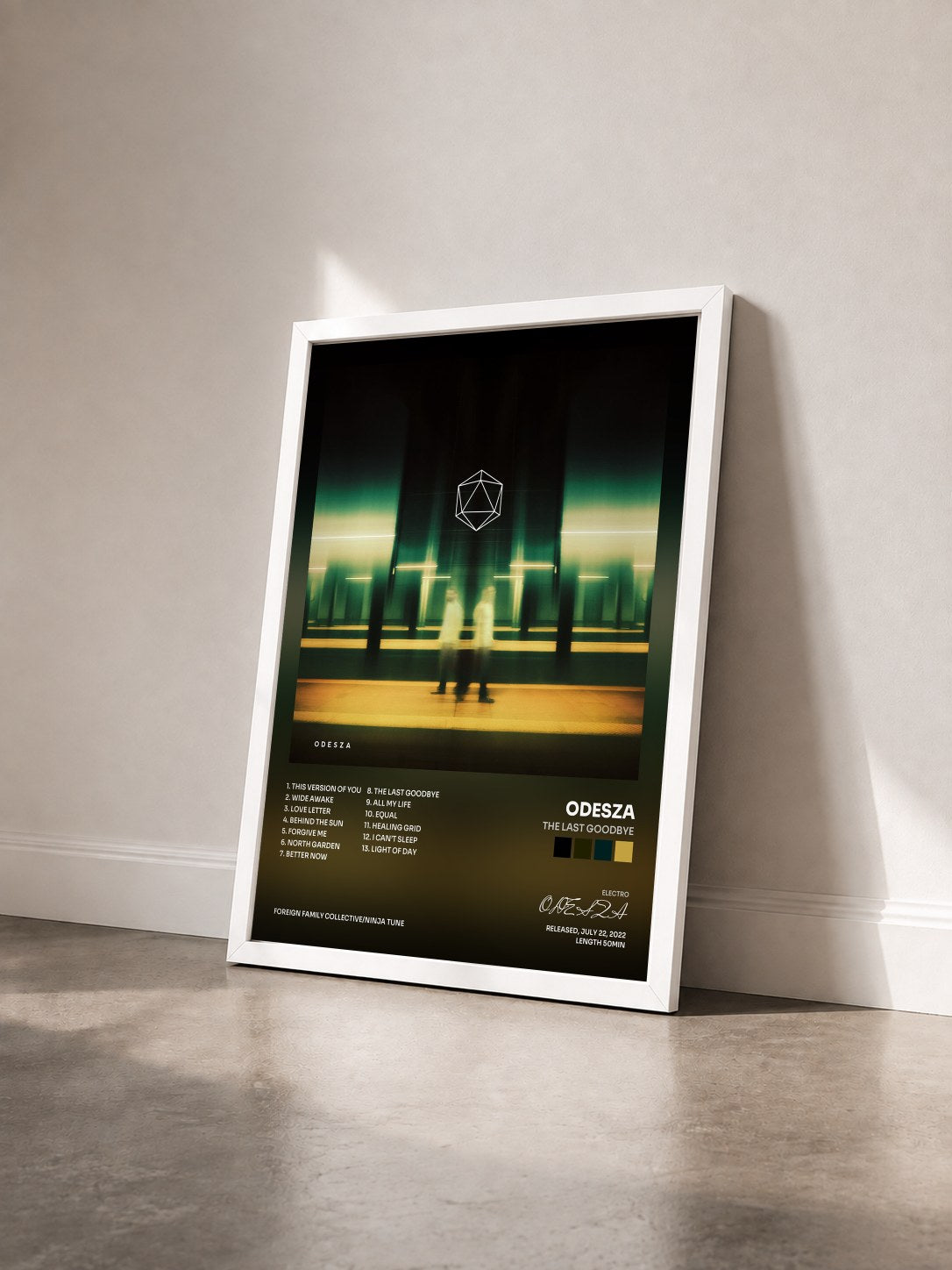 #blanc Tableau de l'album The Last Goodbye de ODESZA vu de trois quarts, cadre blanc