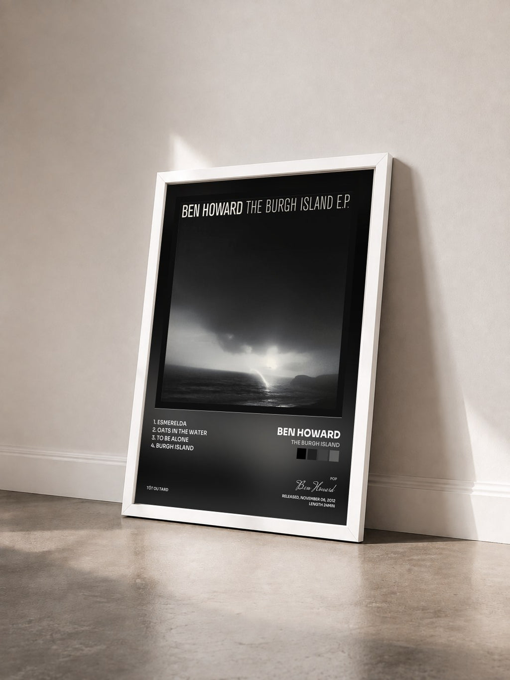 #blanc Tableau de l'album The Burgh Island de Ben Howard vu de trois quarts, cadre blanc