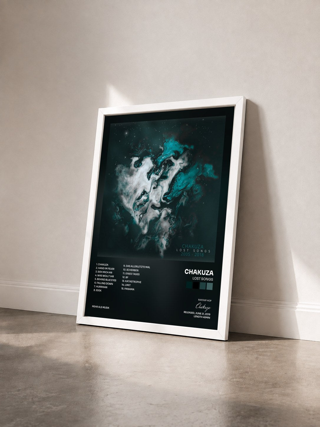 #blanc Tableau de l'album Lost Songs de Chakuza vu de trois quarts, cadre blanc