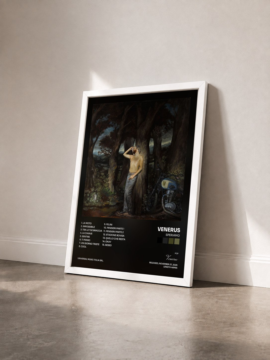 #blanc Tableau de l'album Speriamo de Venerus vu de trois quarts, cadre blanc