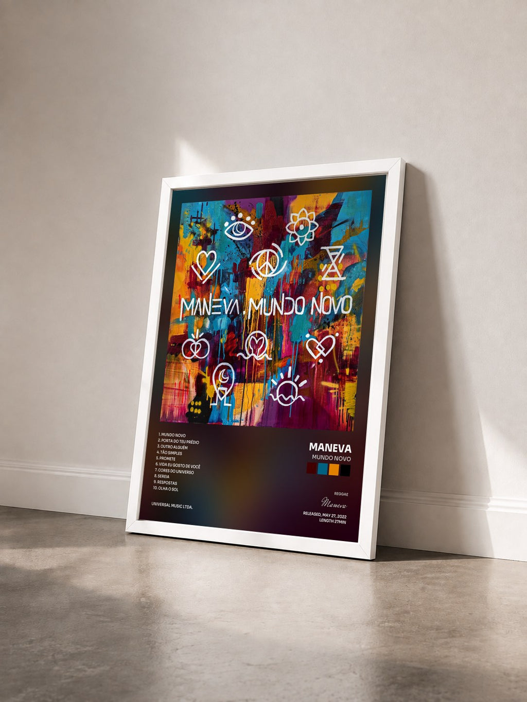 #blanc Mundo Novo by Maneva as a framed art print seen at an angle, white frame