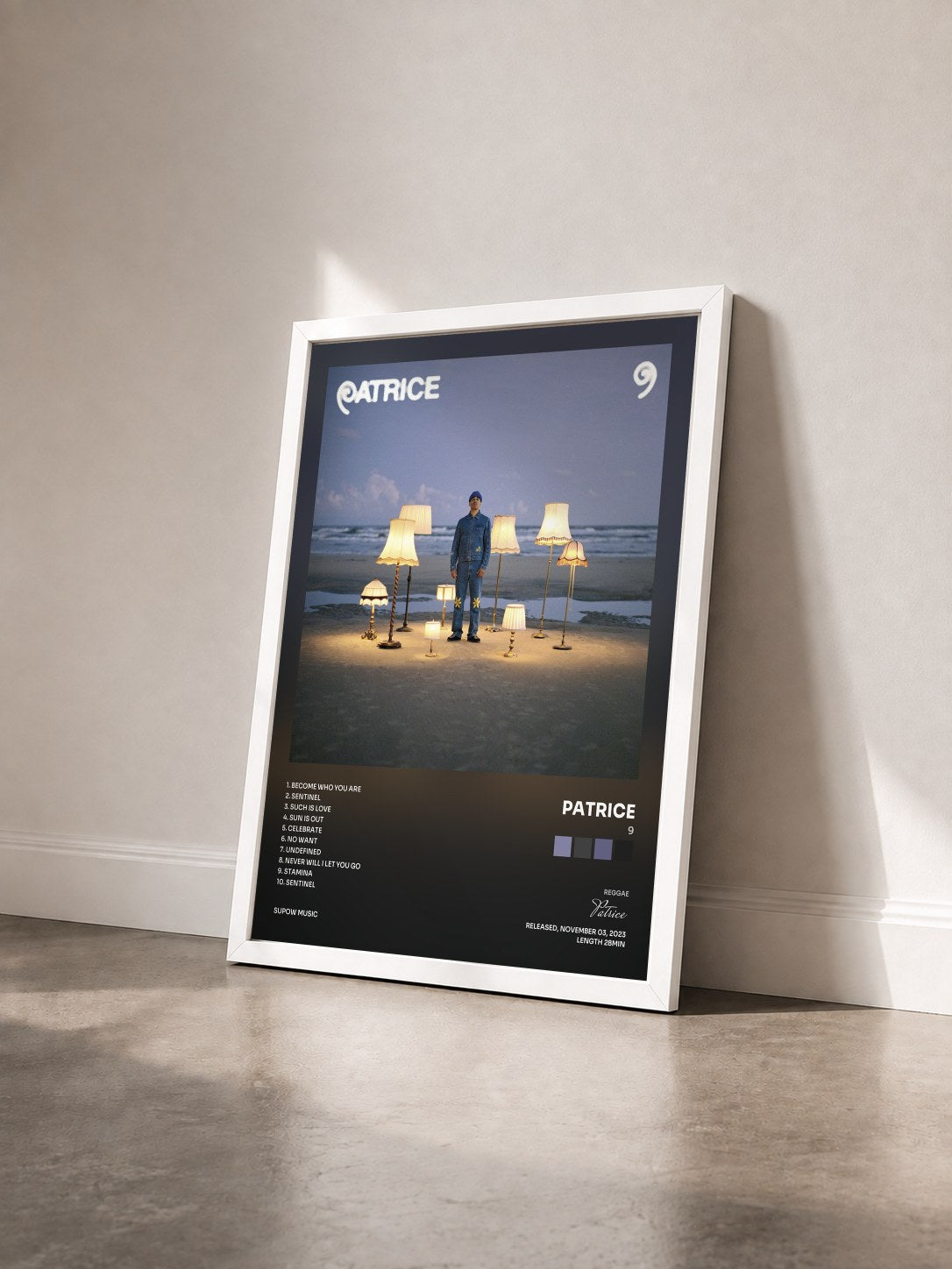 #blanc Tableau de l'album 9 de Patrice vu de trois quarts, cadre blanc