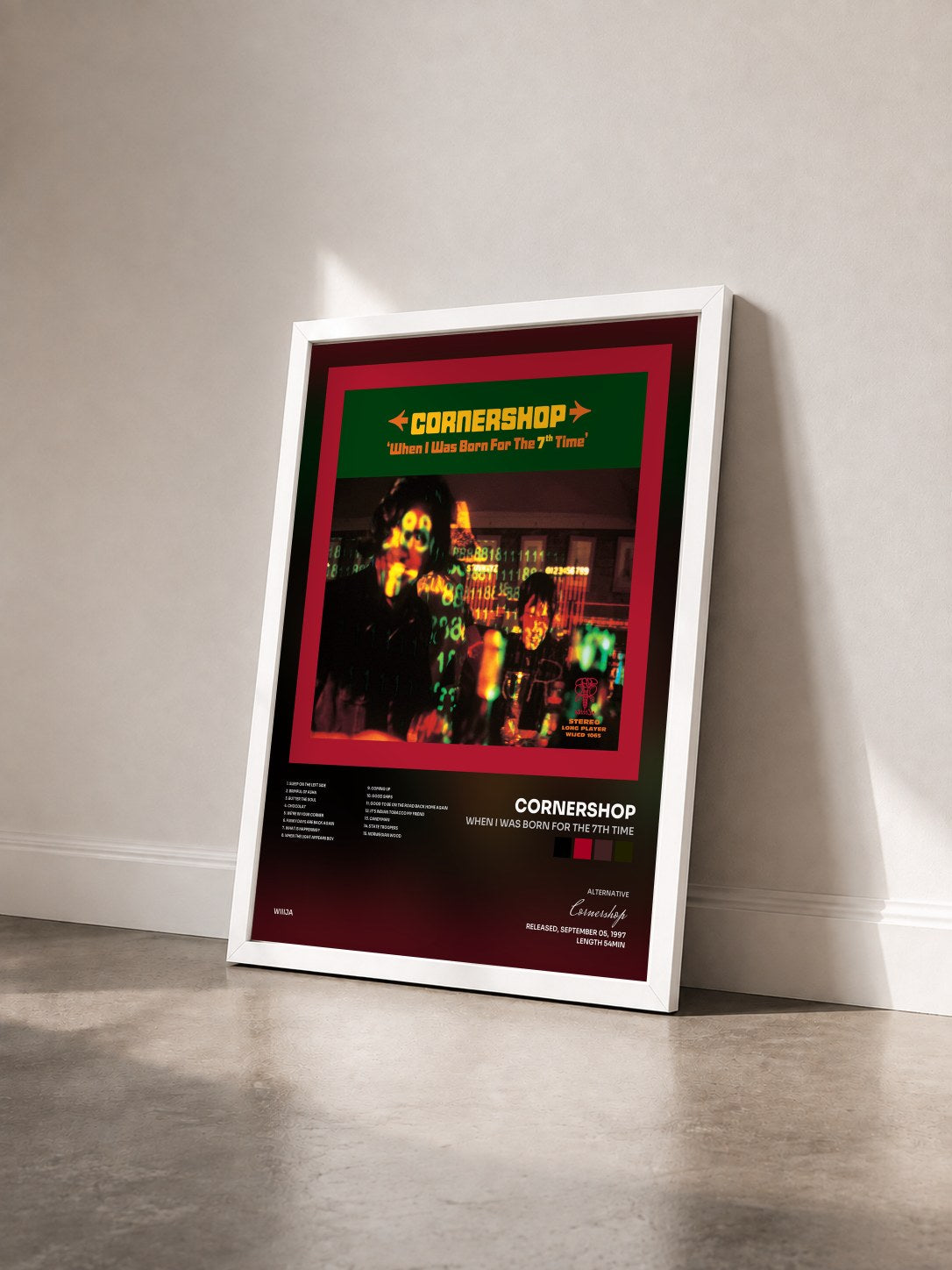 #blanc Tableau de l'album When I Was Born for the 7th Time de Cornershop vu de trois quarts, cadre blanc