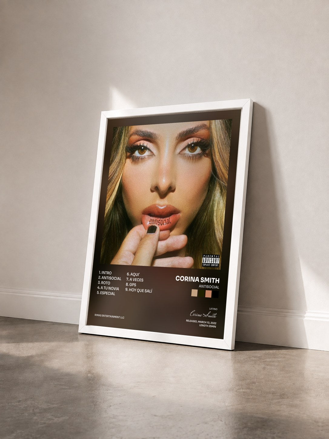 #blanc Tableau de l'album Antisocial de Corina Smith vu de trois quarts, cadre blanc