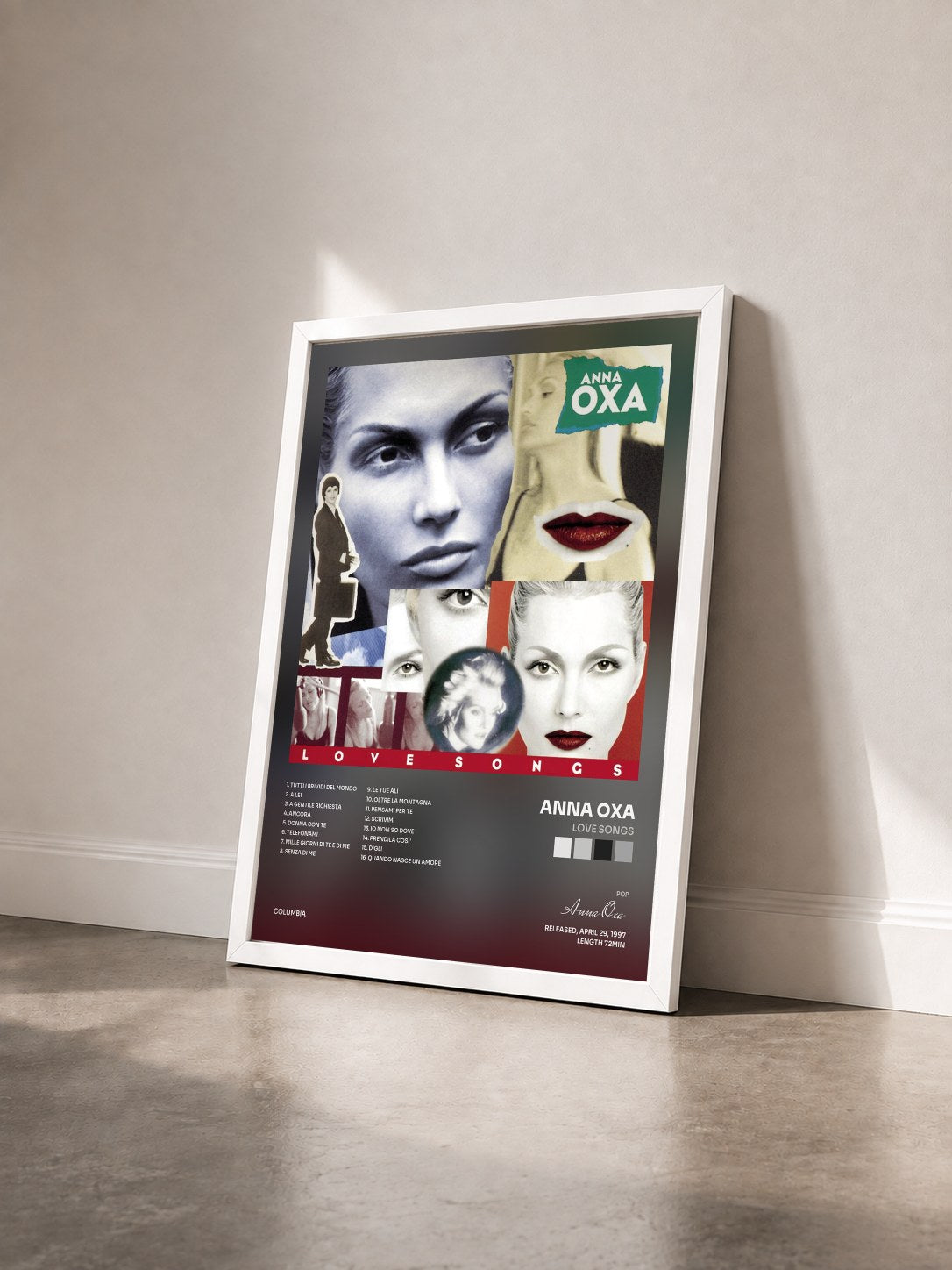#blanc Tableau de l'album Love Songs de Anna Oxa vu de trois quarts, cadre blanc