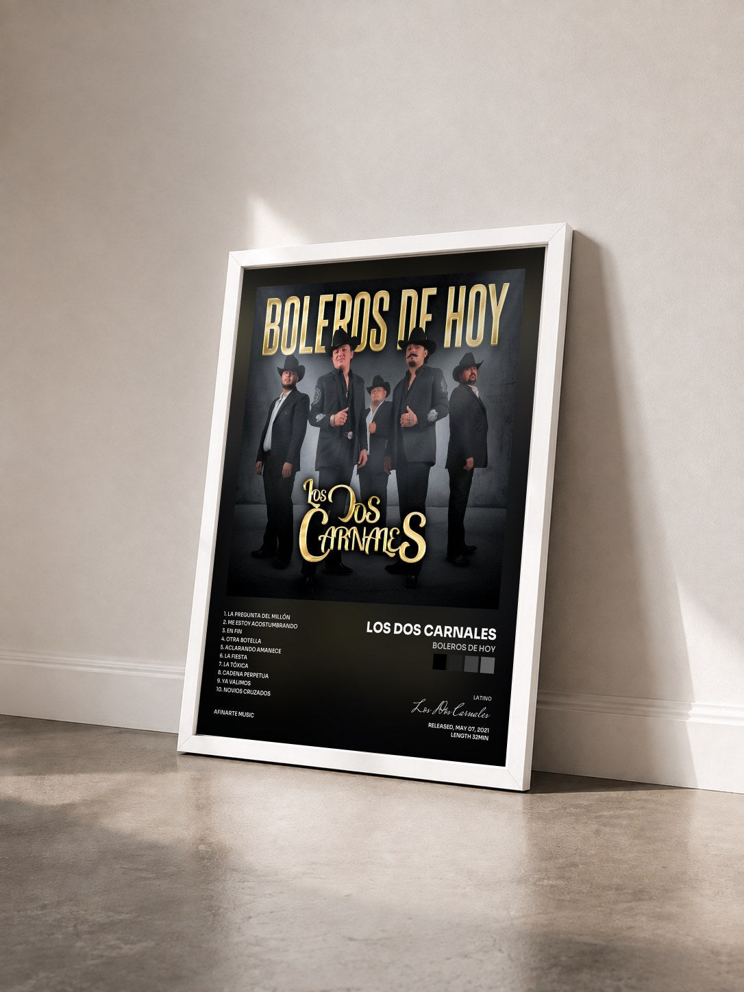 #blanc Tableau de l'album Boleros de Hoy de Los Dos Carnales vu de trois quarts, cadre blanc