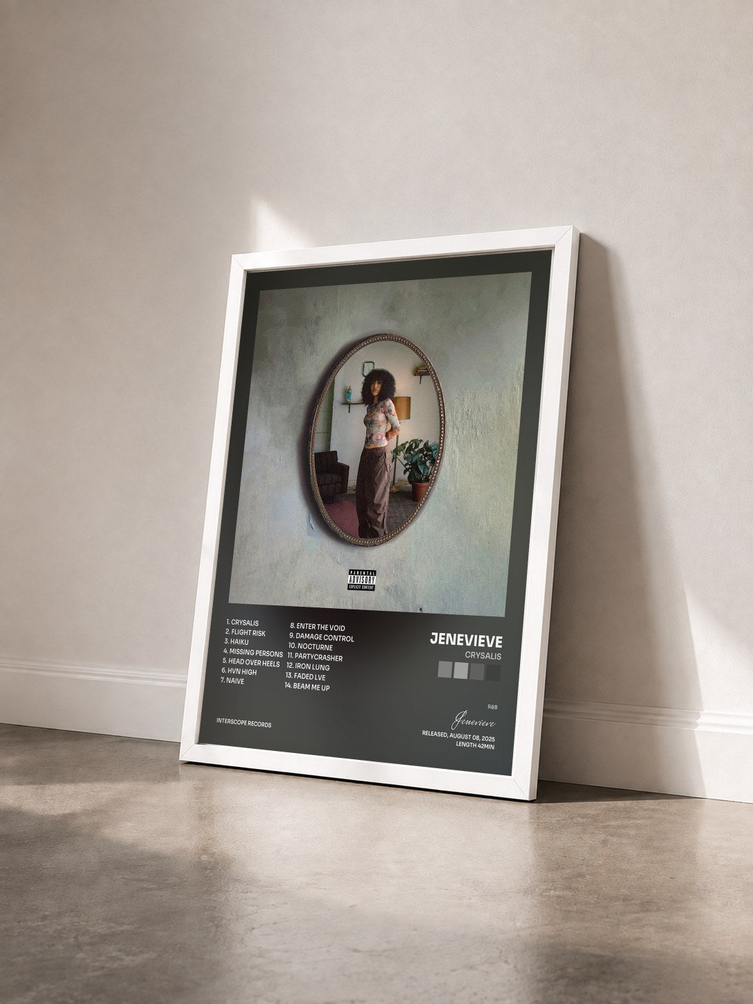 #blanc Tableau de l'album CRYSALIS de Jenevieve vu de trois quarts, cadre blanc