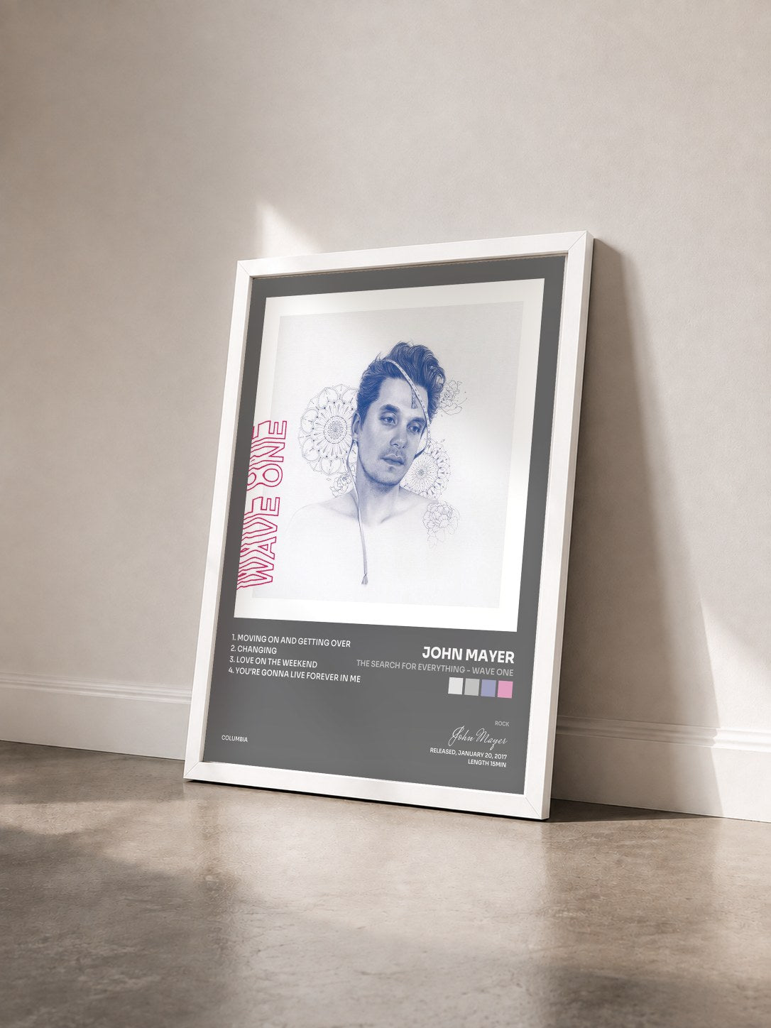 #blanc Tableau de l'album The Search for Everything - Wave One de John Mayer vu de trois quarts, cadre blanc