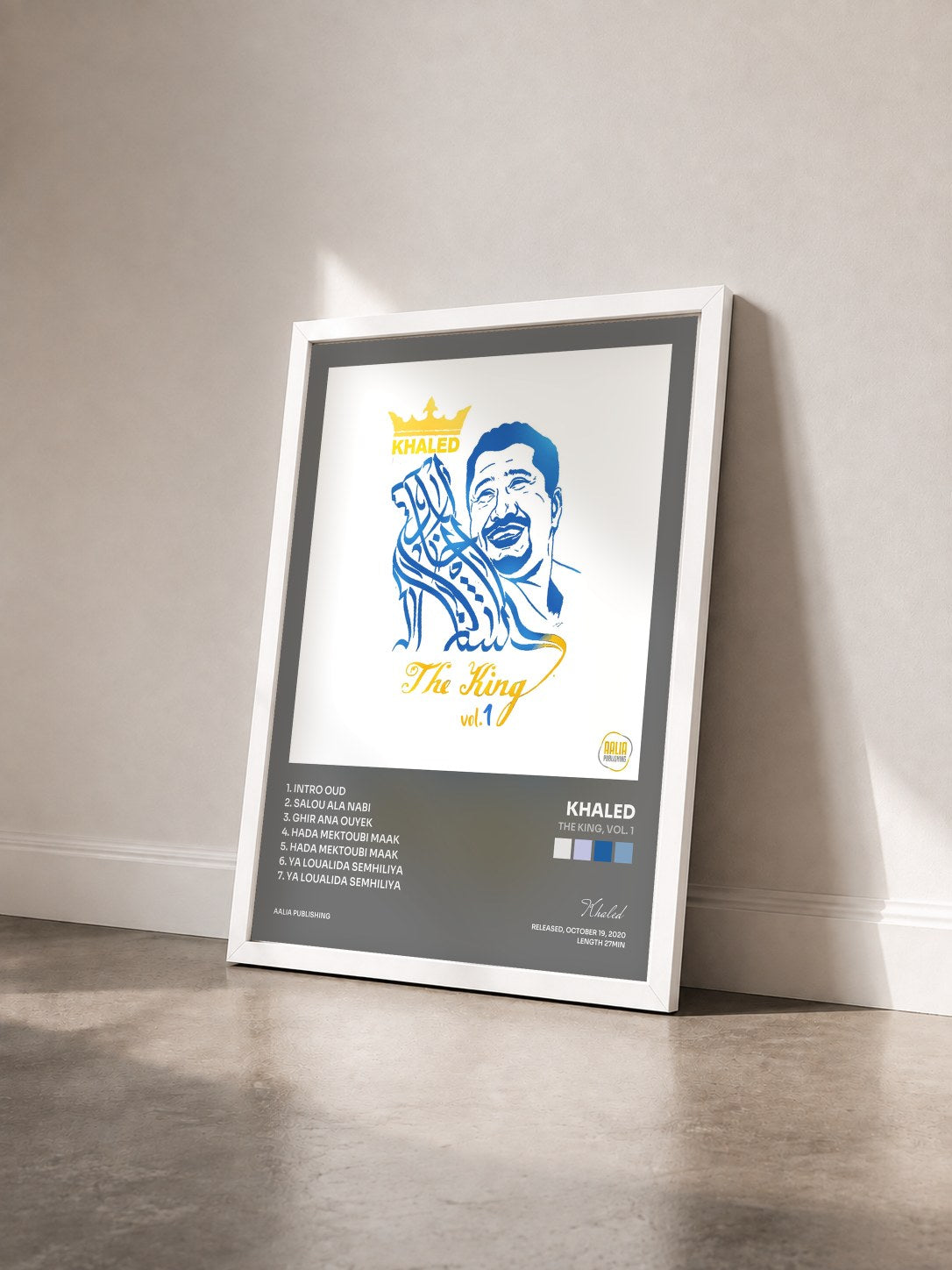 #blanc Tableau de l'album The King, Vol. 1 de Khaled vu de trois quarts, cadre blanc