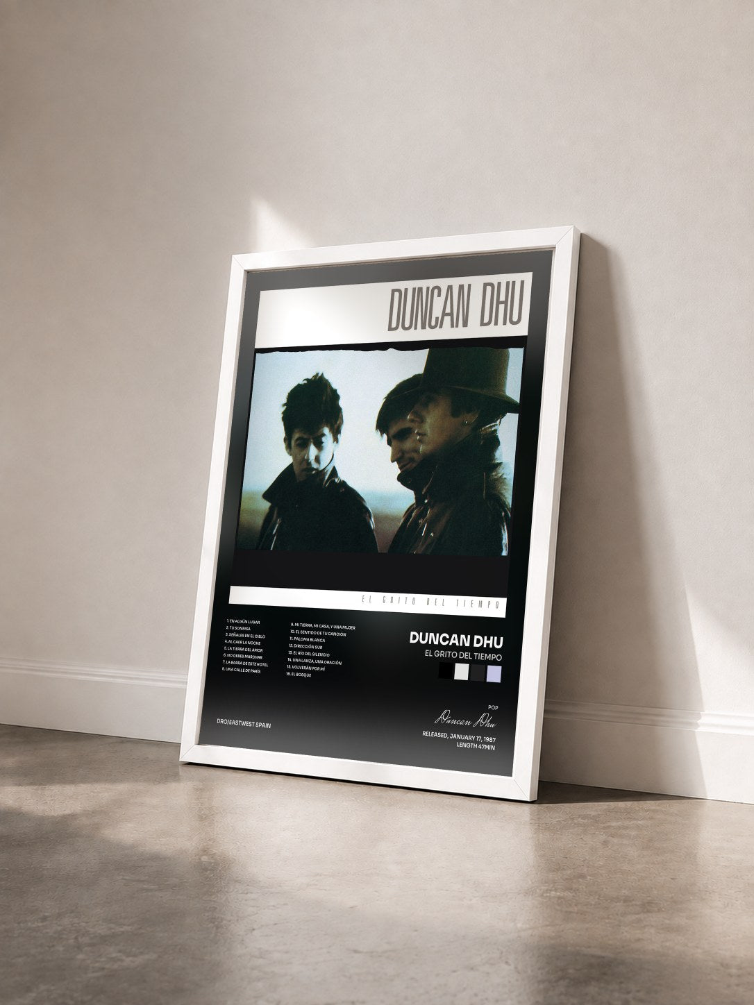 #blanc Tableau de l'album El Grito Del Tiempo de Duncan Dhu vu de trois quarts, cadre blanc