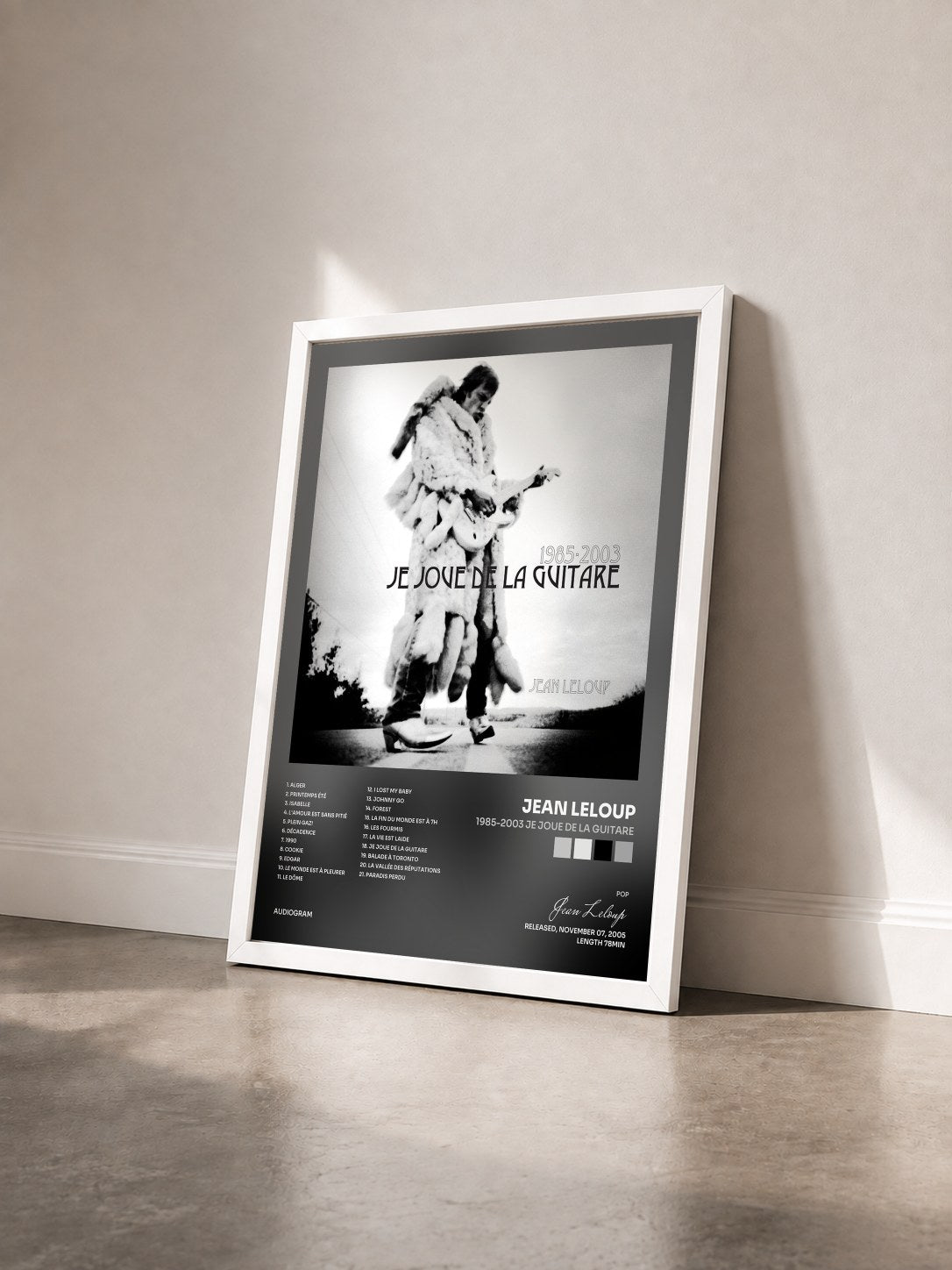 #blanc Tableau de l'album 1985-2003 Je joue de la guitare de Jean Leloup vu de trois quarts, cadre blanc