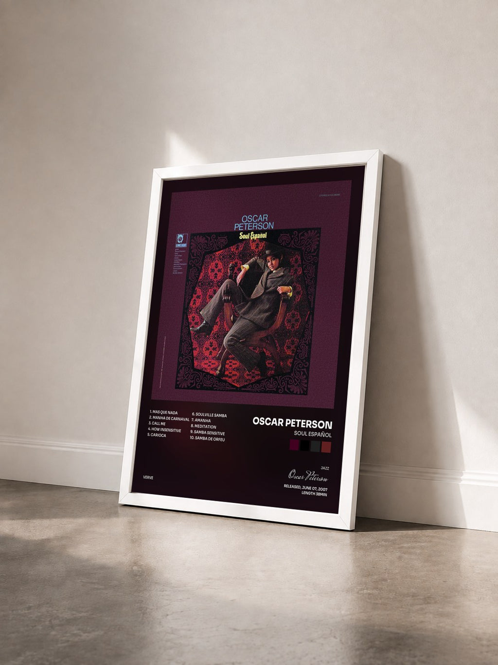 #blanc Soul Español by Oscar Peterson as a framed art print seen at an angle, white frame