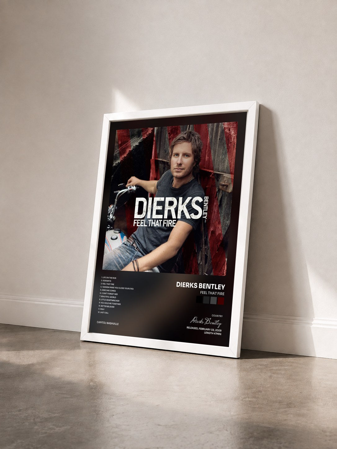 #blanc Tableau de l'album Feel That Fire de Dierks Bentley vu de trois quarts, cadre blanc