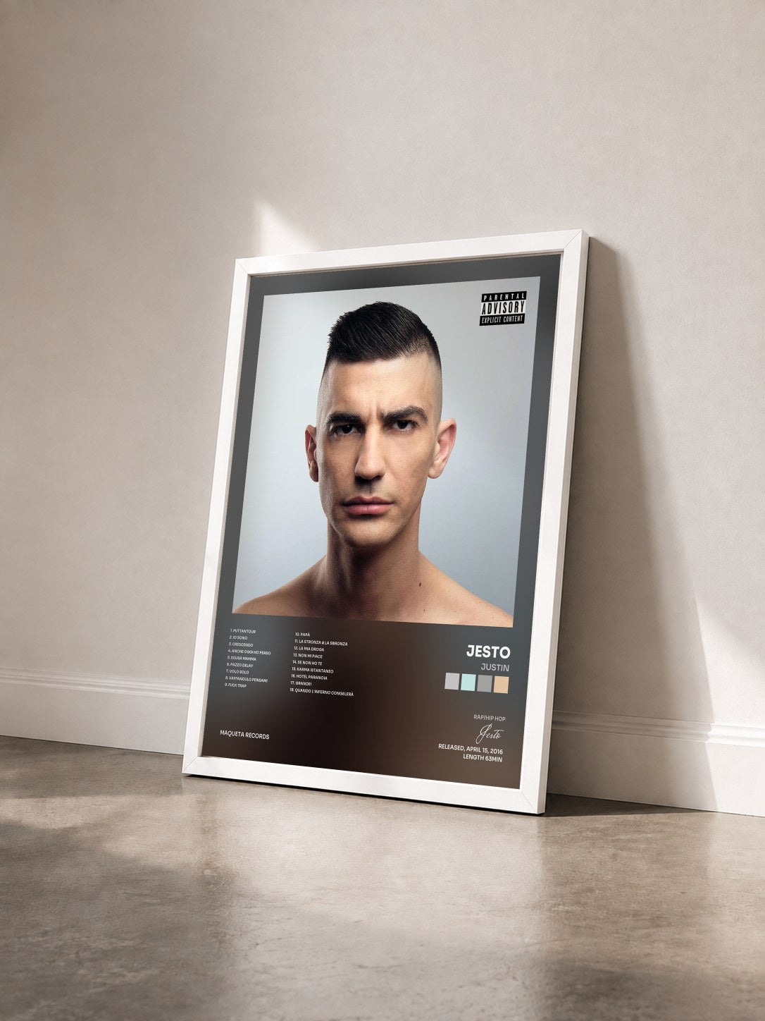 #blanc Tableau de l'album Justin de Jesto vu de trois quarts, cadre blanc