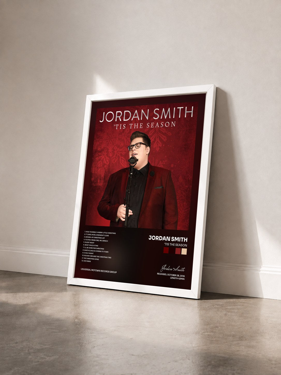 #blanc Tableau de l'album 'Tis The Season de Jordan Smith vu de trois quarts, cadre blanc