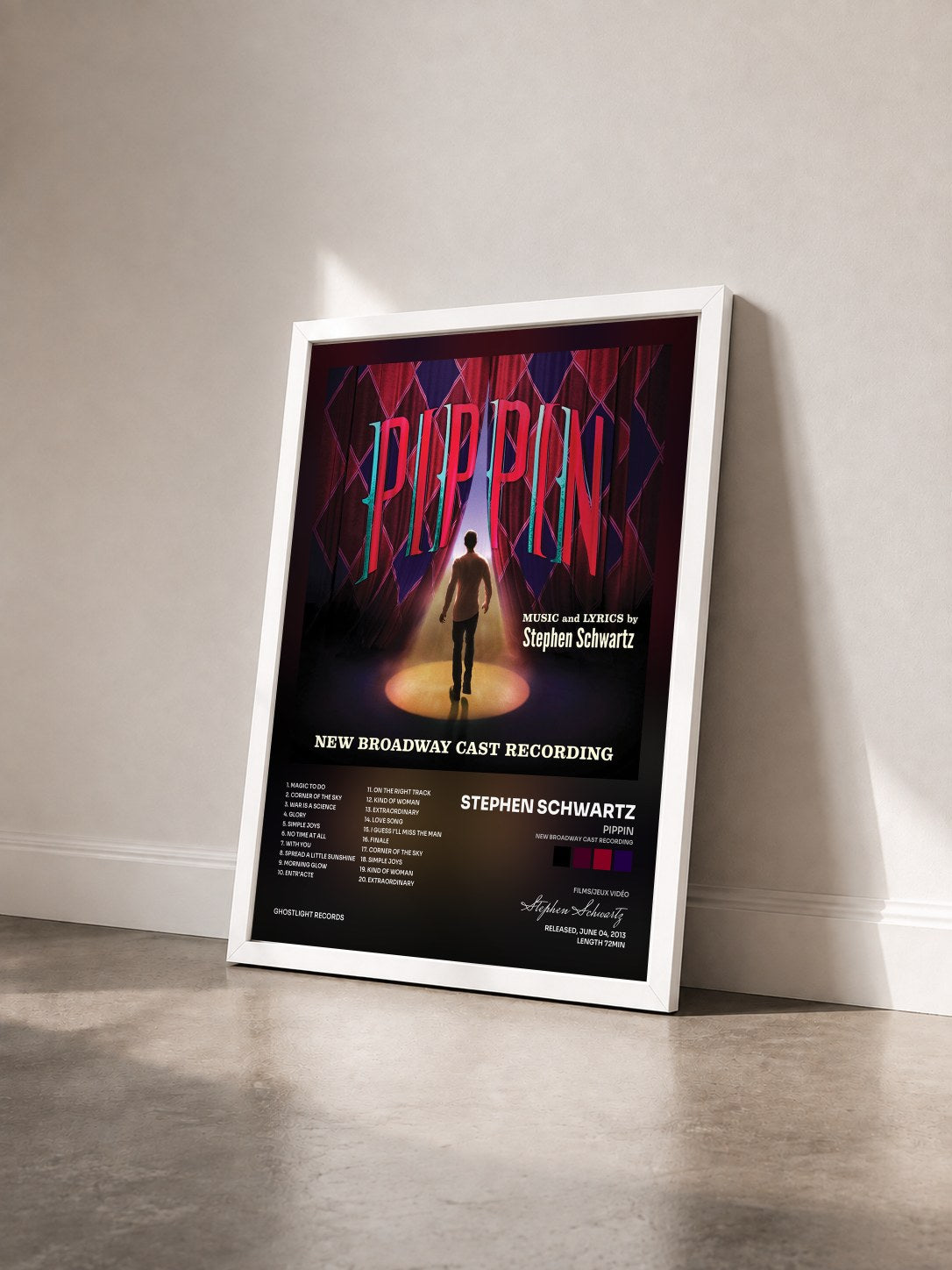 #blanc Tableau de l'album Pippin (New Broadway Cast Recording) de Stephen Schwartz vu de trois quarts, cadre blanc