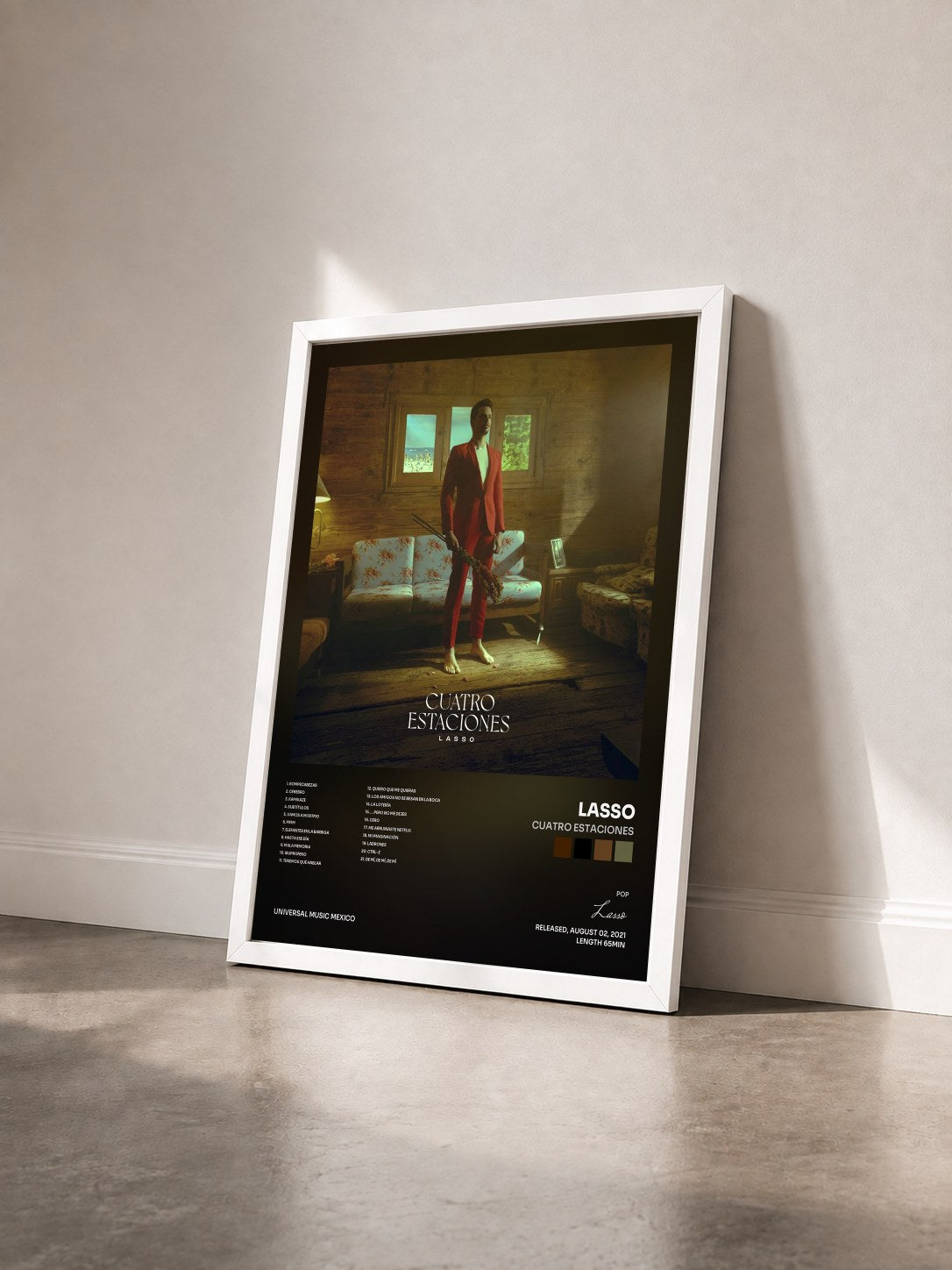 #blanc Tableau de l'album Cuatro Estaciones de Lasso vu de trois quarts, cadre blanc