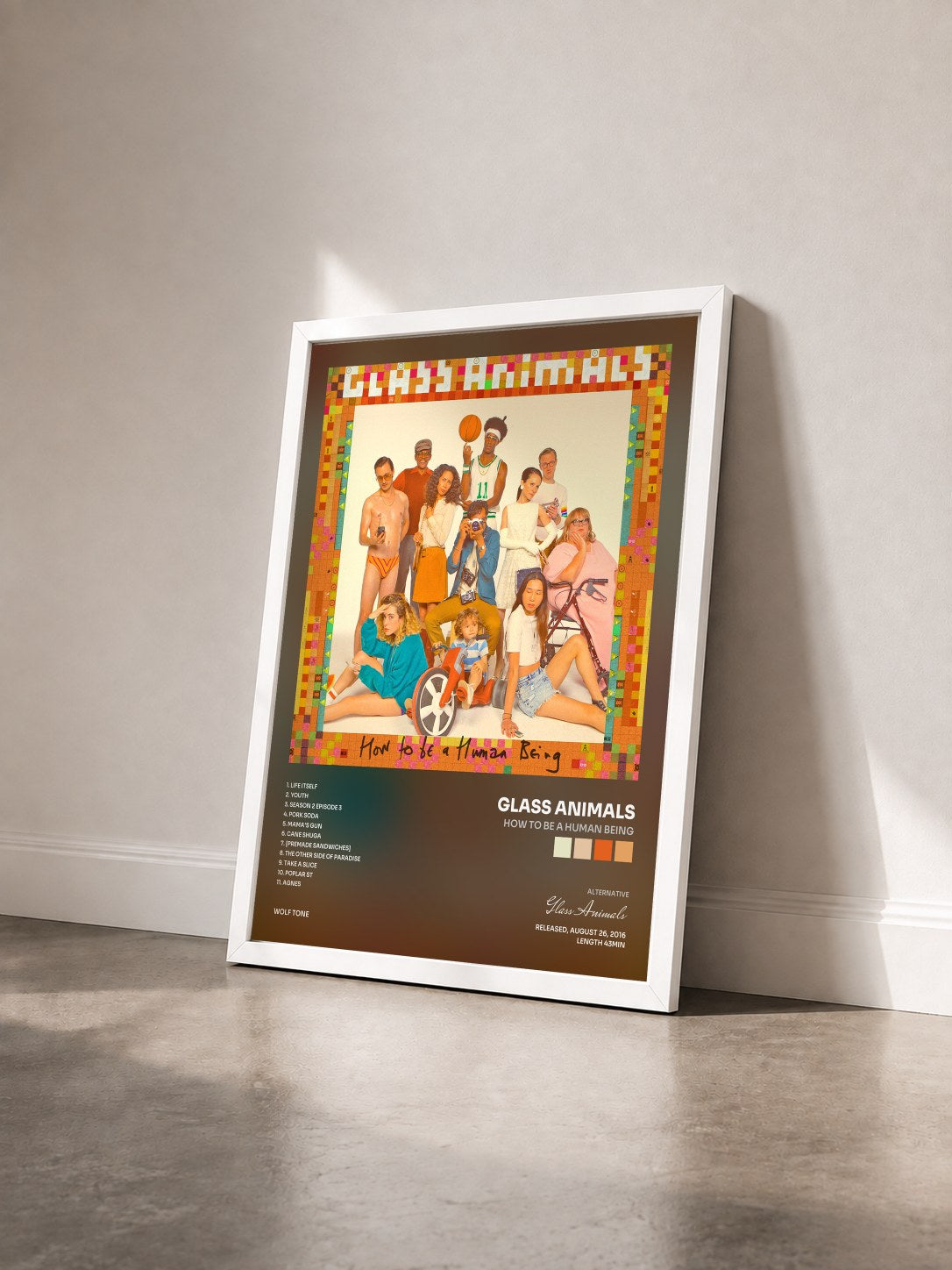 #blanc Tableau de l'album How To Be A Human Being de Glass Animals vu de trois quarts, cadre blanc