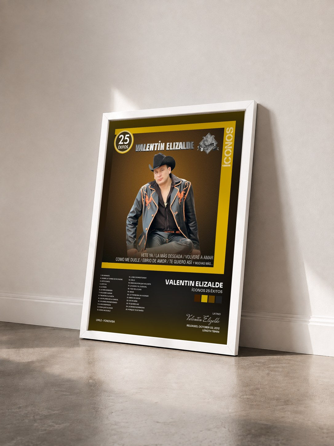#blanc Tableau de l'album Íconos 25 Éxitos de Valentin Elizalde vu de trois quarts, cadre blanc