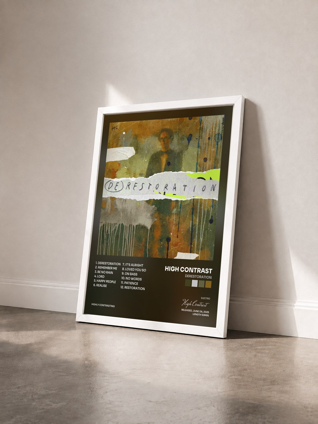 #blanc Tableau de l'album Derestoration de High Contrast vu de trois quarts, cadre blanc