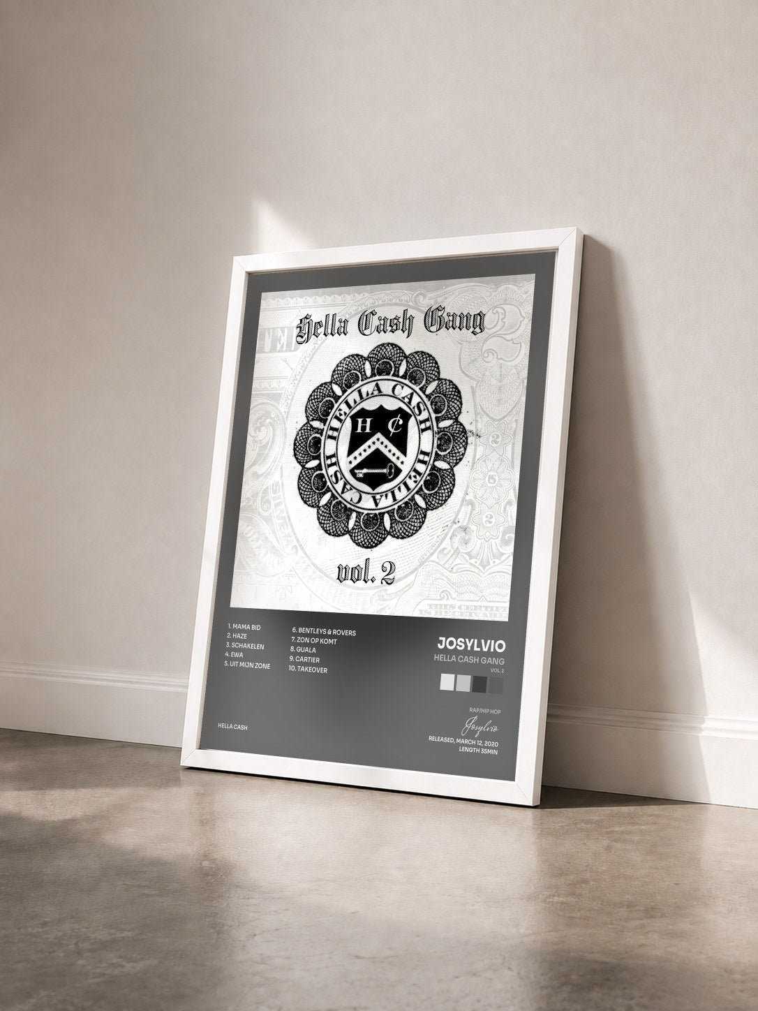 #blanc Tableau de l'album Hella Cash Gang (Vol. 2) de Josylvio vu de trois quarts, cadre blanc