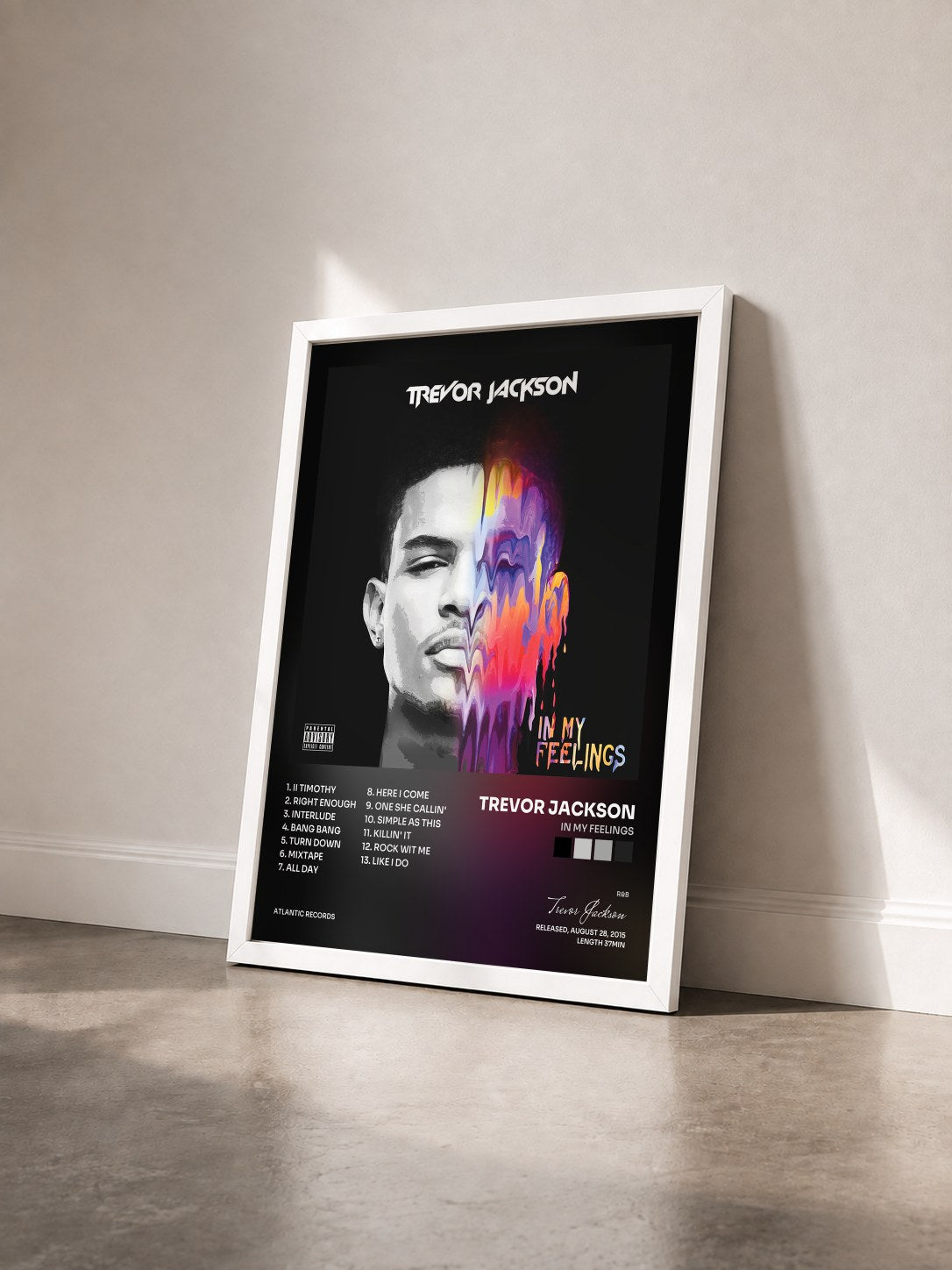 #blanc Tableau de l'album In My Feelings de Trevor Jackson vu de trois quarts, cadre blanc