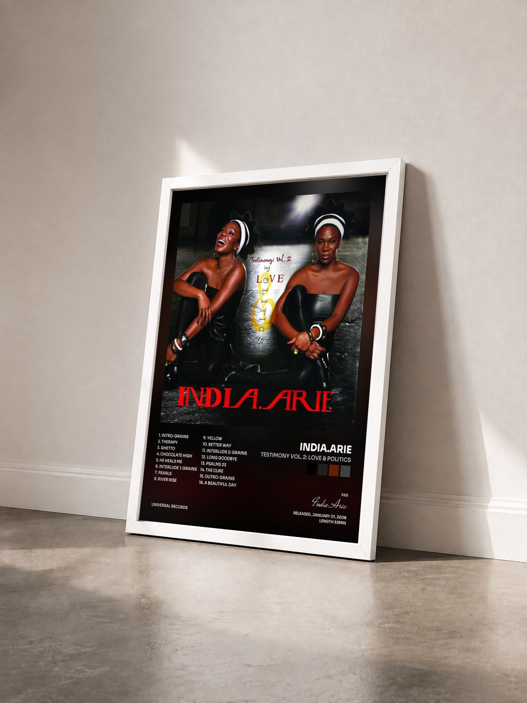 #blanc Tableau de l'album TESTIMONY VOL. 2: LOVE & POLITICS de India.Arie vu de trois quarts, cadre blanc