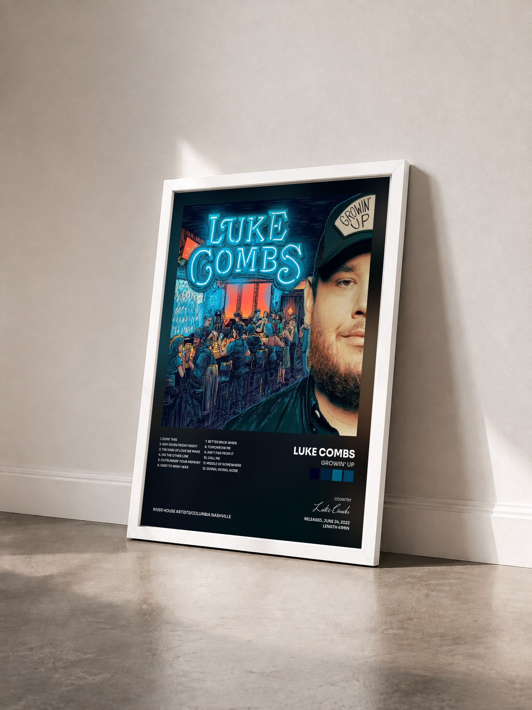 #blanc Tableau de l'album Growin' Up de Luke Combs vu de trois quarts, cadre blanc
