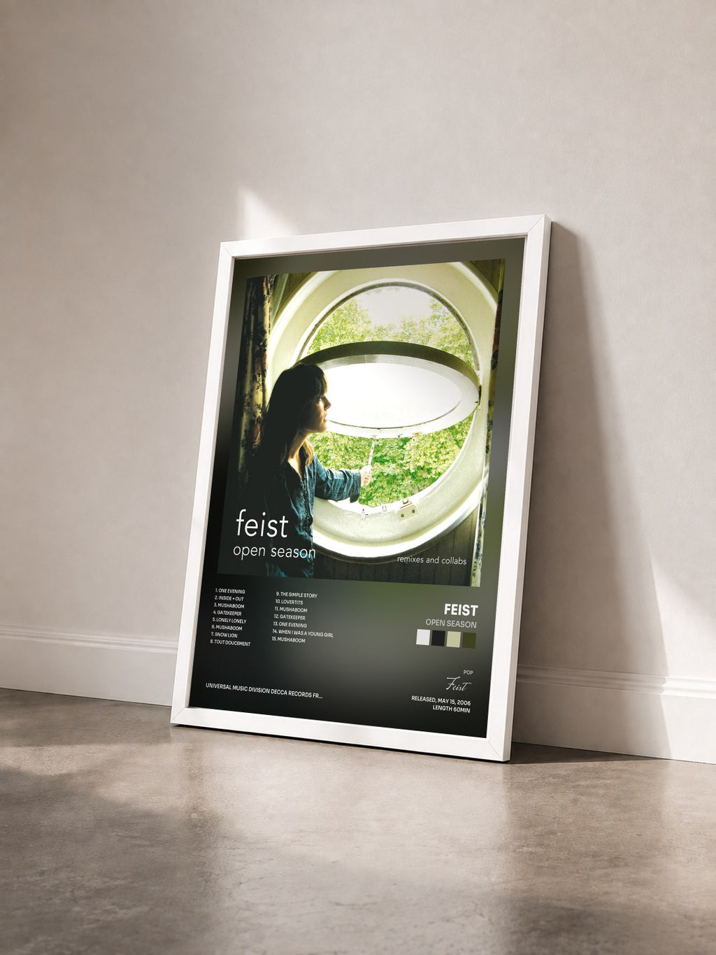 #blanc Tableau de l'album Open Season de Feist vu de trois quarts, cadre blanc