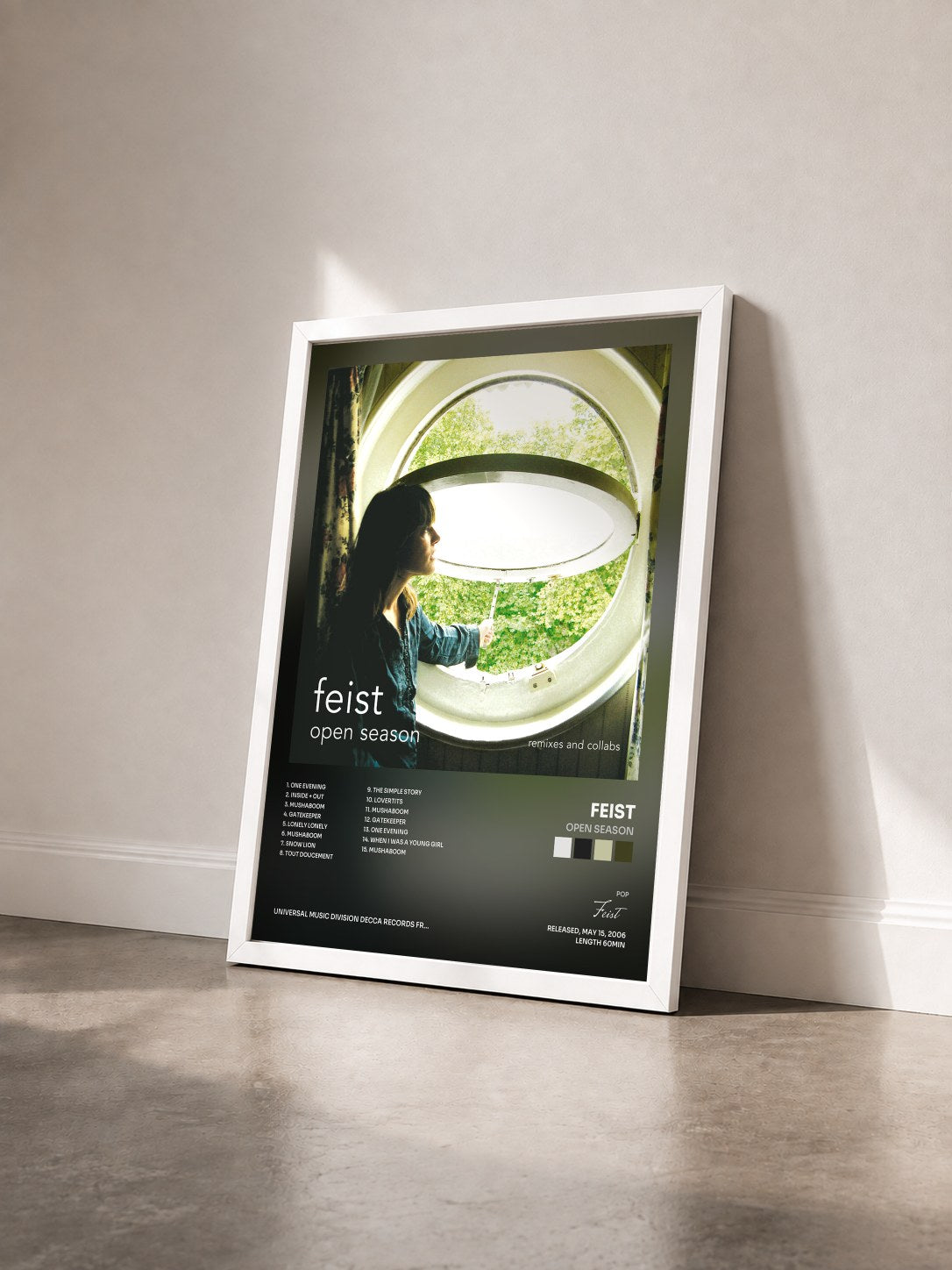 #blanc Tableau de l'album Open Season de Feist vu de trois quarts, cadre blanc