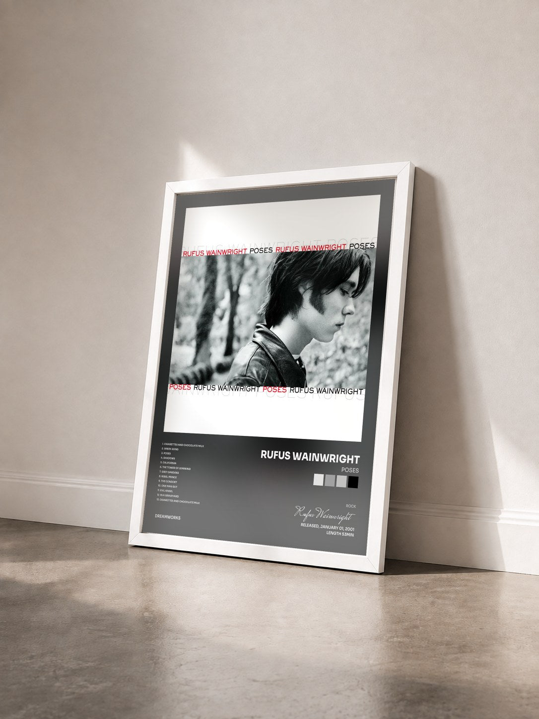 #blanc Tableau de l'album Poses de Rufus Wainwright vu de trois quarts, cadre blanc