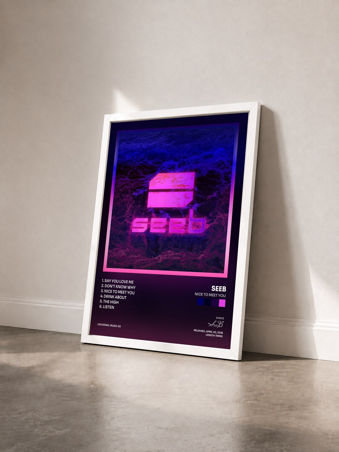 #blanc Tableau de l'album Nice To Meet You de SeeB vu de trois quarts, cadre blanc