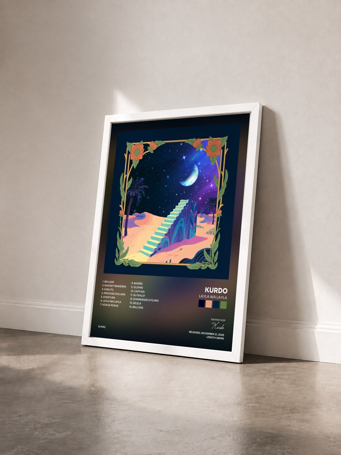 #blanc Tableau de l'album LAYLA WA LAYLA de Kurdo vu de trois quarts, cadre blanc