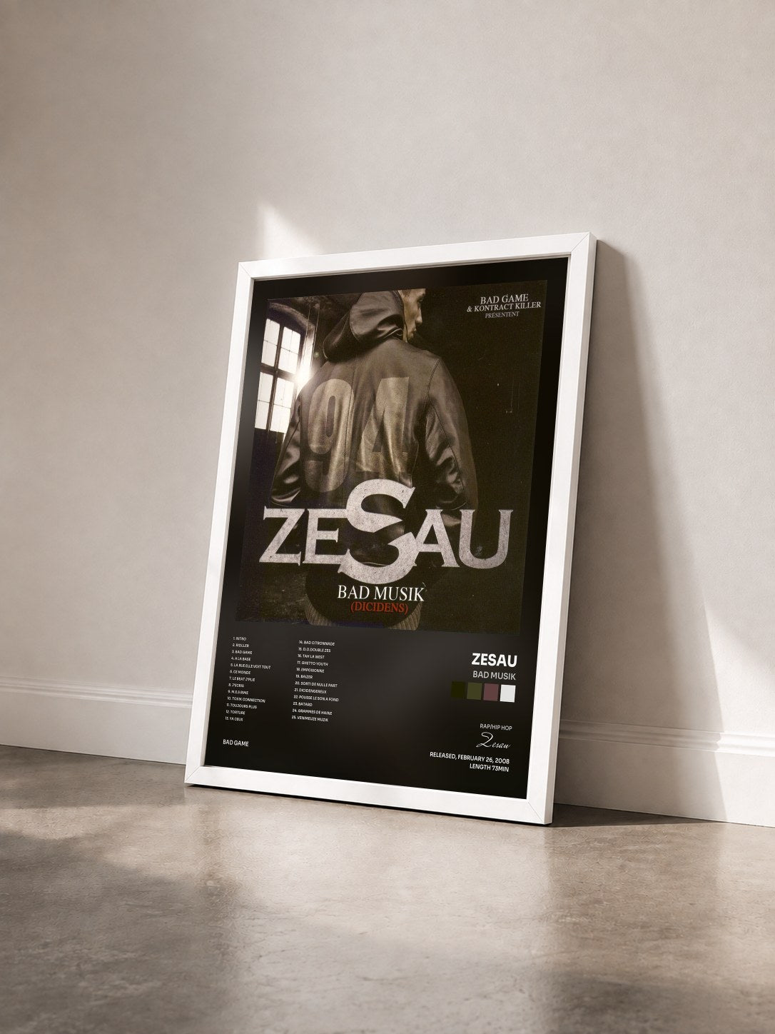 #blanc Tableau de l'album Bad Musik de Zesau vu de trois quarts, cadre blanc