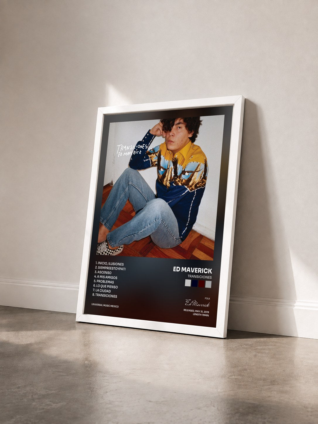 #blanc Tableau de l'album Transiciones de Ed Maverick vu de trois quarts, cadre blanc