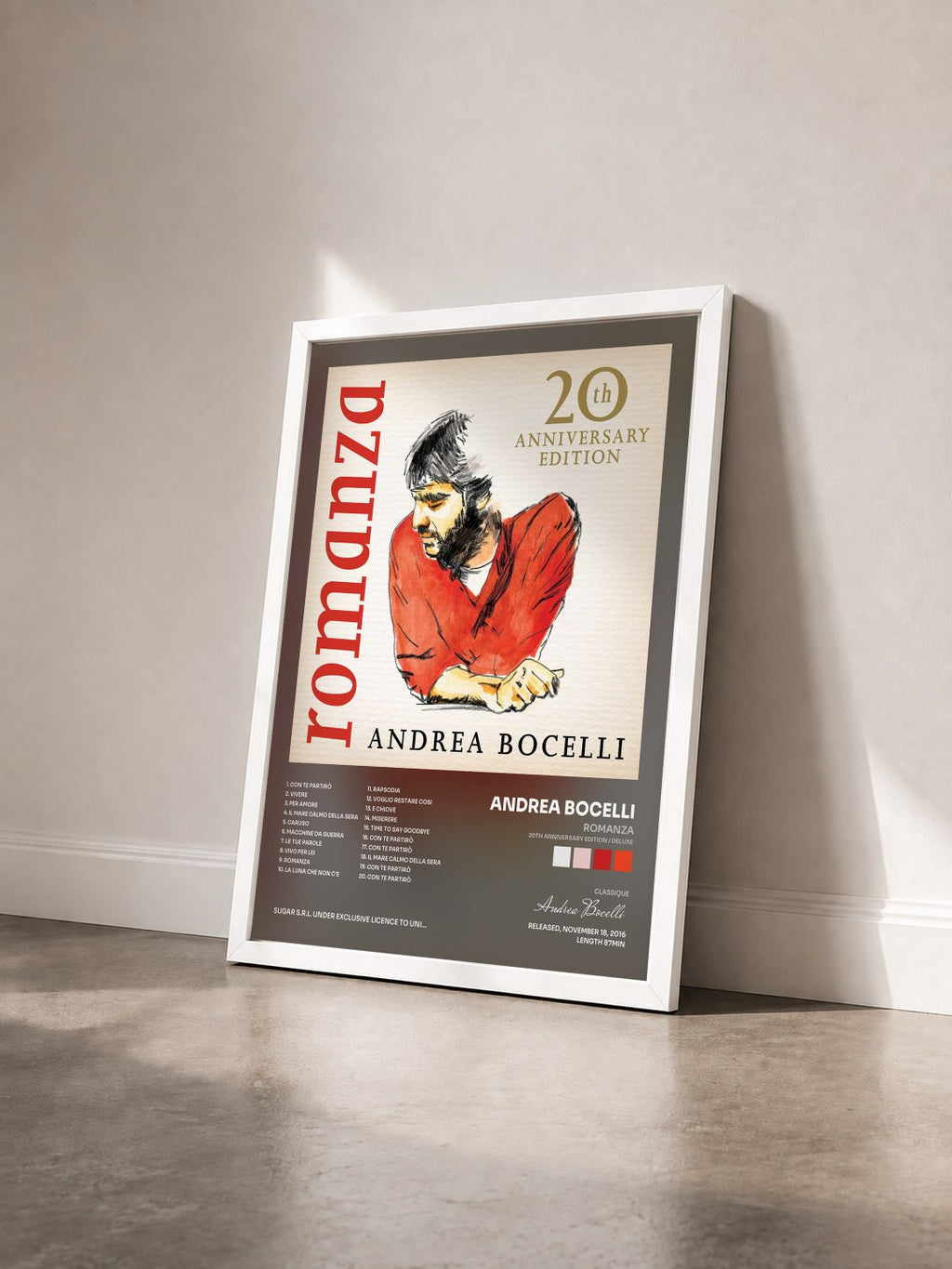 #blanc Tableau de l'album Romanza (20th Anniversary Edition / Deluxe) de Andrea Bocelli vu de trois quarts, cadre blanc