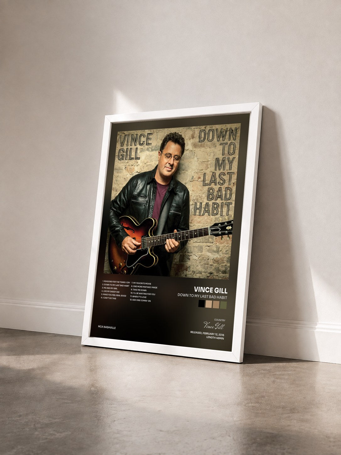 #blanc Tableau de l'album Down To My Last Bad Habit de Vince Gill vu de trois quarts, cadre blanc