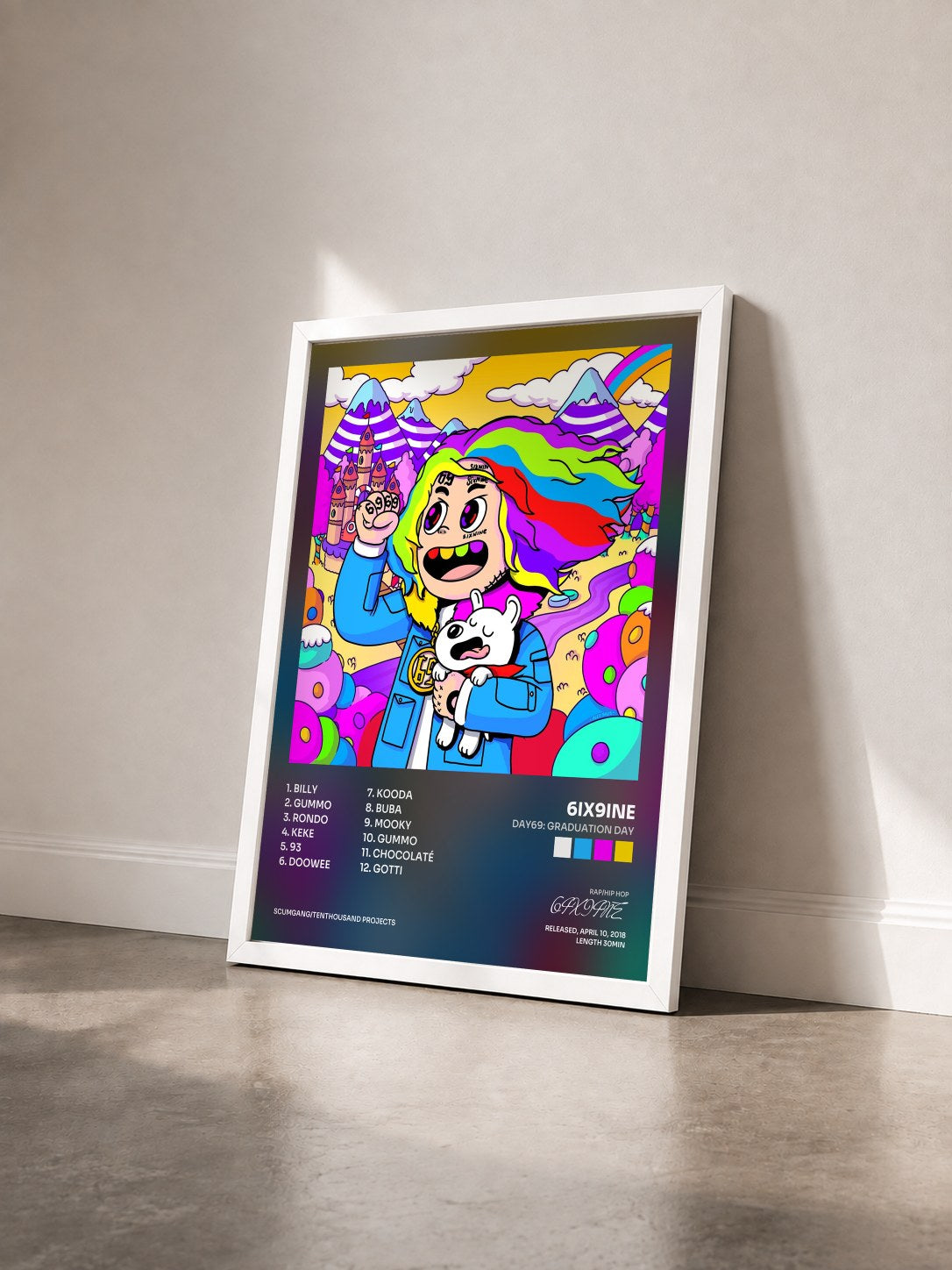 #blanc Tableau de l'album Day69: Graduation Day de 6IX9INE vu de trois quarts, cadre blanc