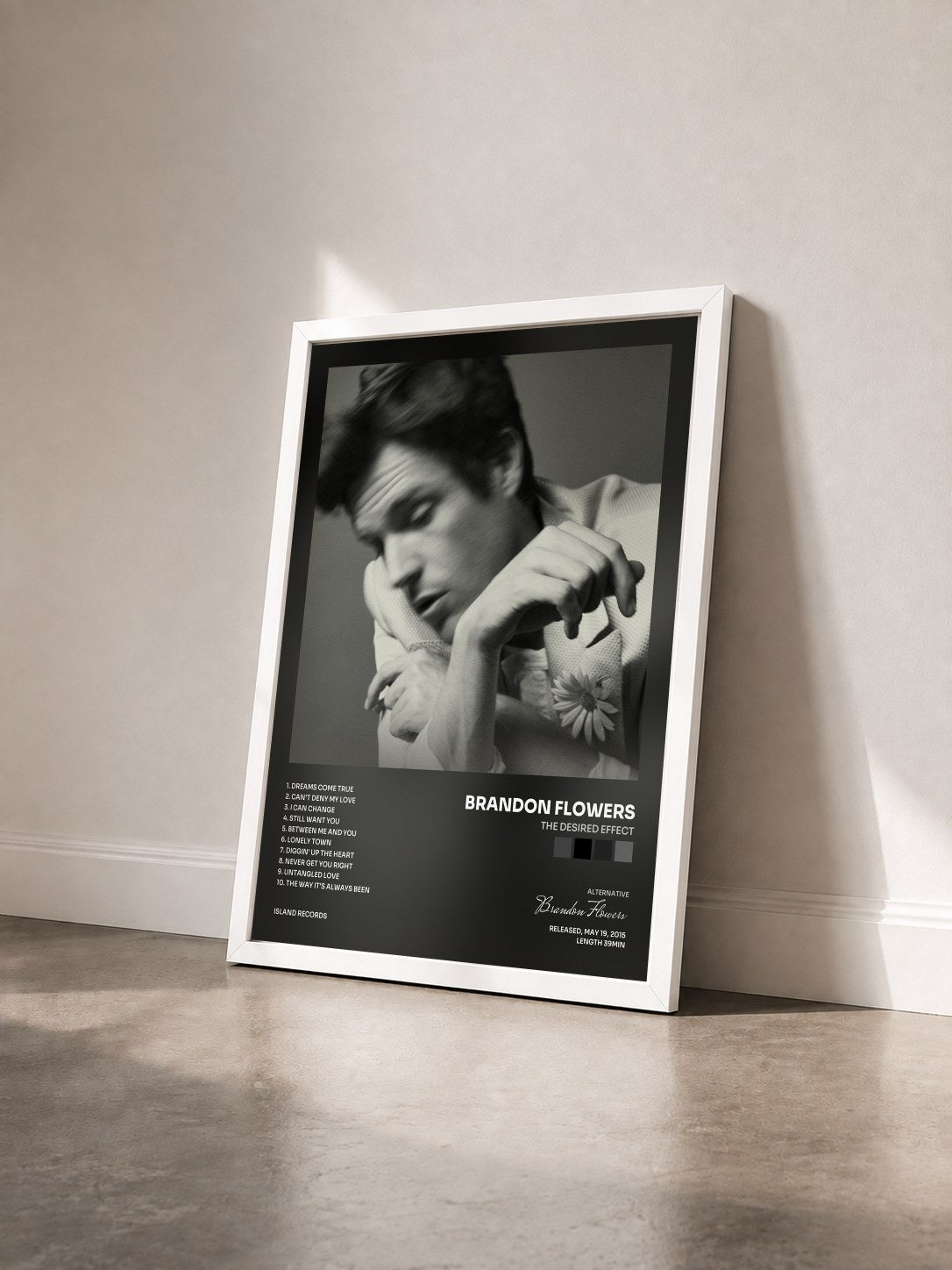 #blanc Tableau de l'album The Desired Effect de Brandon Flowers vu de trois quarts, cadre blanc