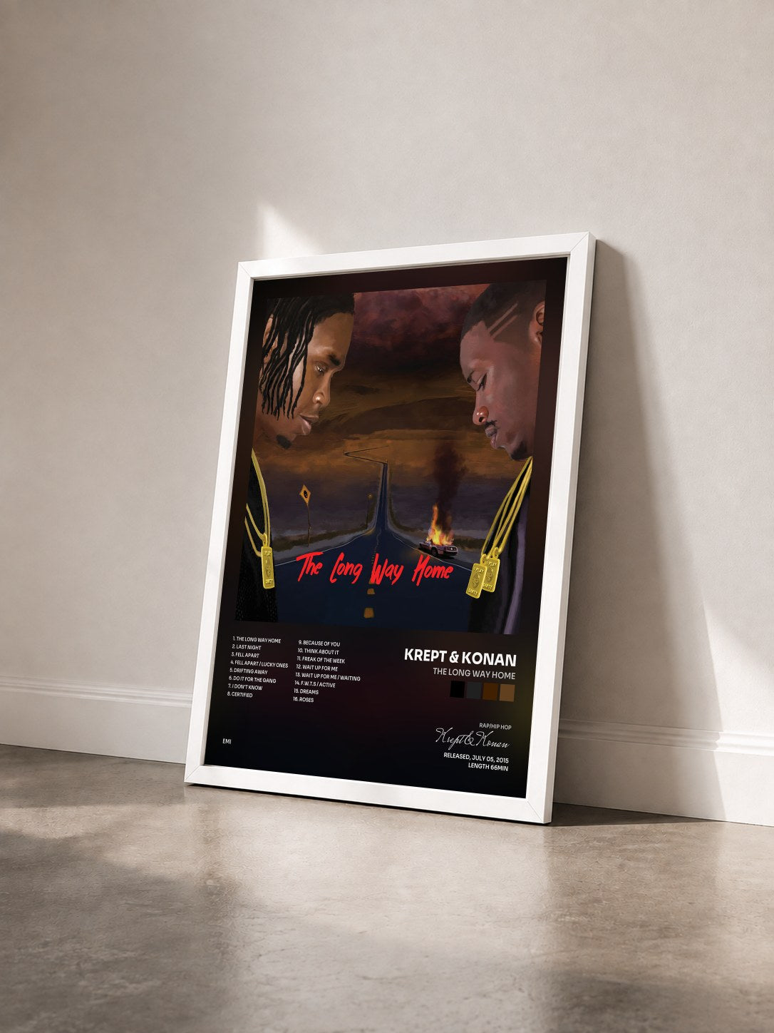 #blanc Tableau de l'album The Long Way Home de Krept & Konan vu de trois quarts, cadre blanc