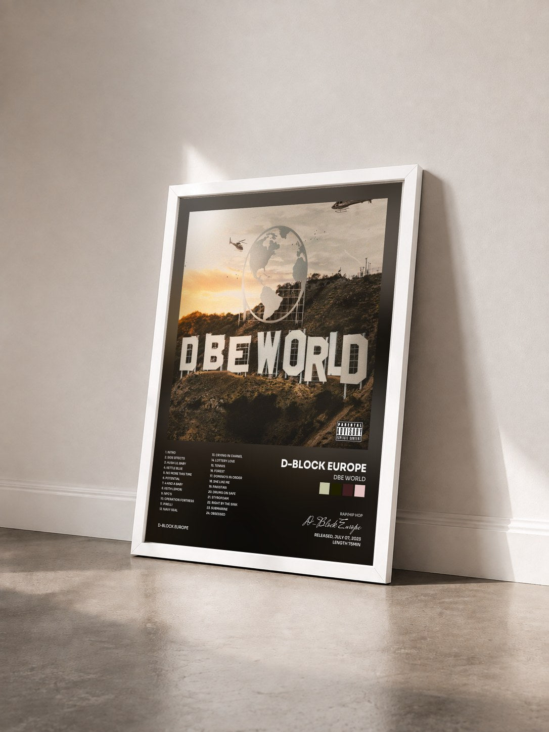 #blanc Tableau de l'album DBE World de D-Block Europe vu de trois quarts, cadre blanc