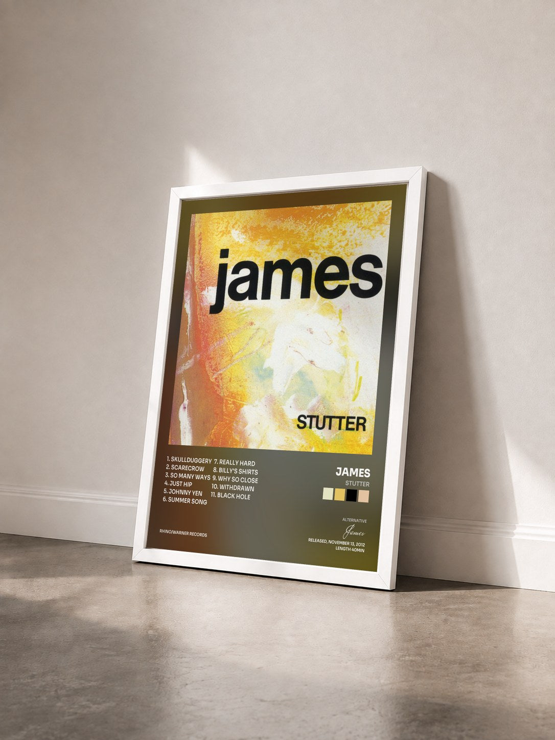 #blanc Tableau de l'album Stutter de James vu de trois quarts, cadre blanc