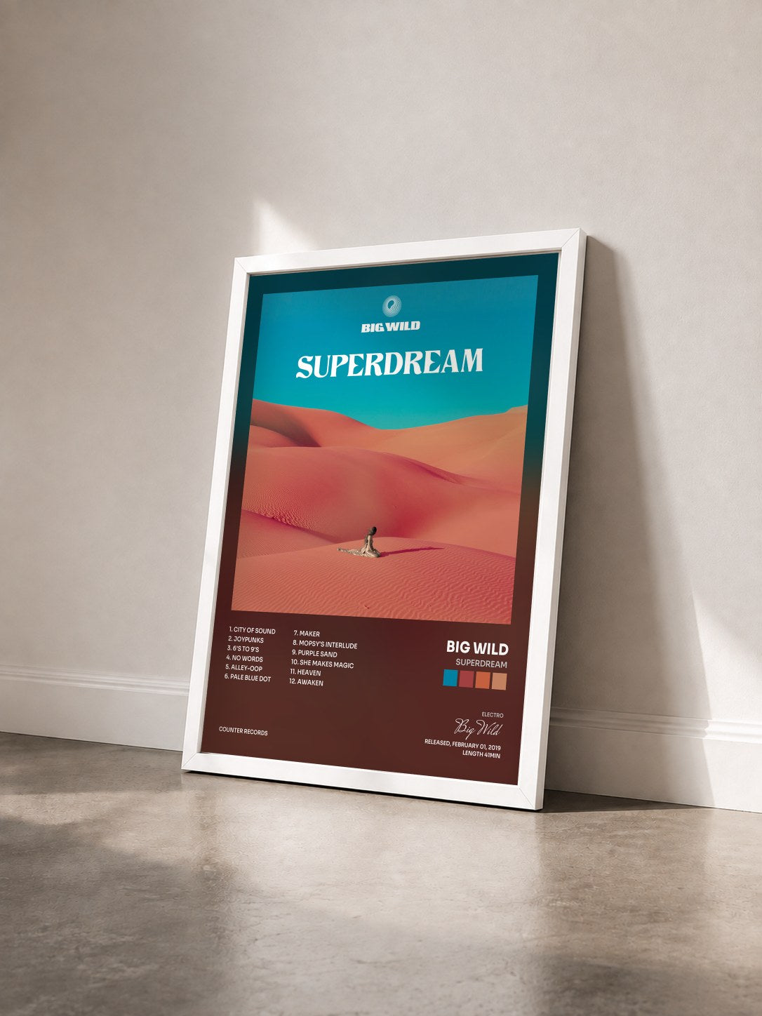 #blanc Tableau de l'album Superdream de Big Wild vu de trois quarts, cadre blanc